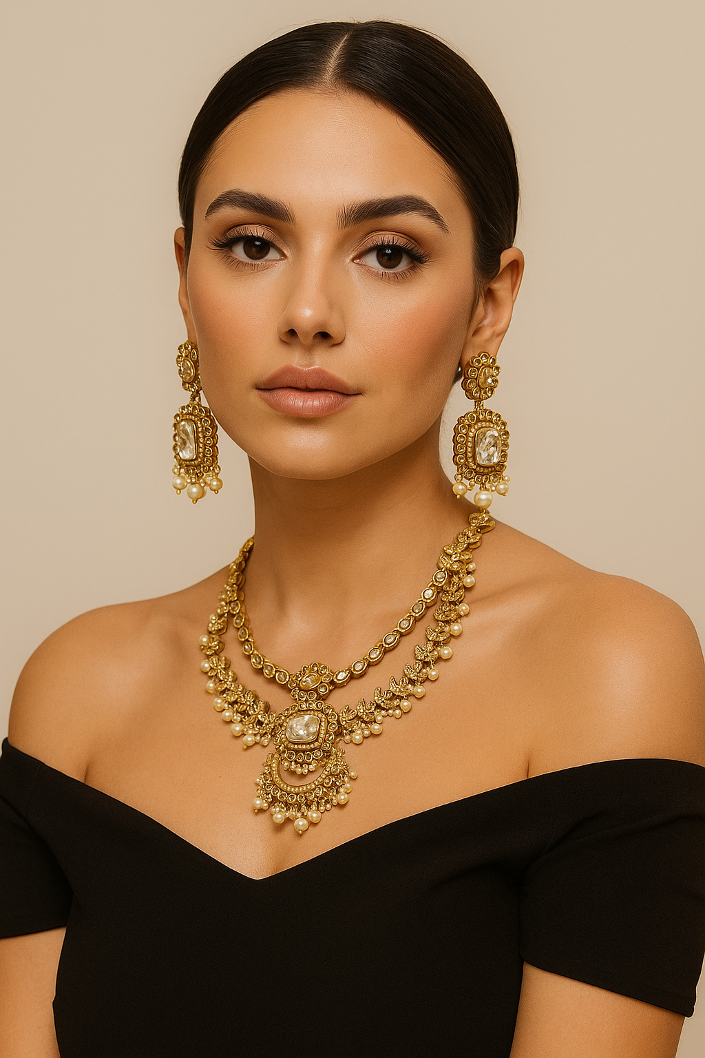 Antique Gold Kundan Necklace Set with Pearls & Earrings